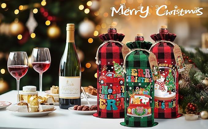 12PCS Burlap Wine Bag Christmas Wine Gift Bags, Drawstring Retro Christmas Bottle Cover Gift Bag w/ Tag, Buffalo Plaid Wines Bags for Bottles Gifts Reusable Bottle Covers for Xmas Holiday Party Decor