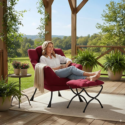 LITA Lazy Chair with Ottoman, Modern Accent Leisure Upholstered Sofa Chairs, Contemporary Lounge Reading Chairs with Armrests and a Side Pocket for Living Room, Bedroom & Small Space, Burgundy