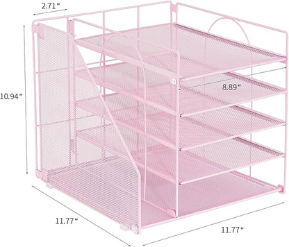 Desk Organizers and Accessories, 5-Tier Paper Letter Tray Organizer with File Holder, Desktop Organizer for Office Supplies (Pink)