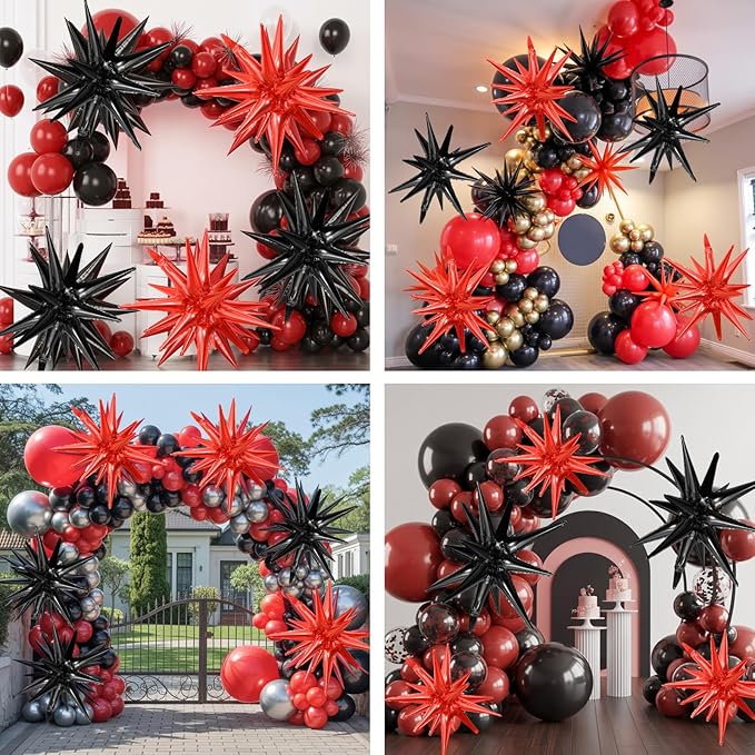 Black Red Star Balloons,9Pcs 22Inch Black Red Explosion Spike Cone Helium Polyester Film Star Foil Balloons for Birthday Halloween Anniversary Baby Shower Party Decorations