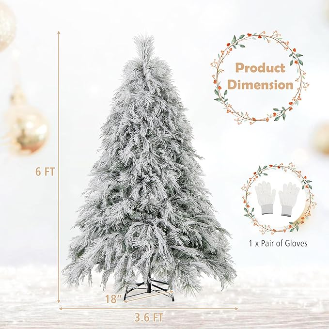 GOFLAME 6ft Pre-Lit Christmas Tree Snow Flocked, Hinged Artificial Xmas Tree with 519 Branch Tips, 250 Warm White LED Lights, Willow Leaves, Holiday Decoration Tree for Home Office Party
