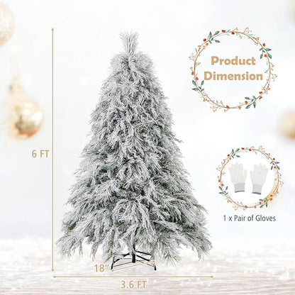 GOFLAME 6ft Pre-Lit Christmas Tree Snow Flocked, Hinged Artificial Xmas Tree with 519 Branch Tips, 250 Warm White LED Lights, Willow Leaves, Holiday Decoration Tree for Home Office Party