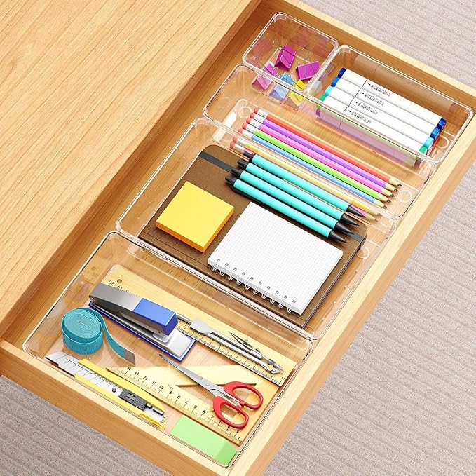 Drawer Organizers Set of 65, 4 Sizes Clear Plastic Drawer Organizers and Storage Bins for Kitchen, Bathroom, Office, Dresser Desk Drawer Organizer Tray for Jewelry, Makeup, Junk, Gadgets