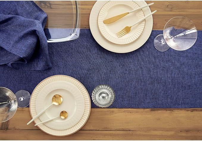 Solino Home Linen Table Runner 72 Inches Long - Athena, 100% Pure Linen Chambray Navy 14 x 72 Inch Table Runner for Dining, Fall, Autumn, Holiday