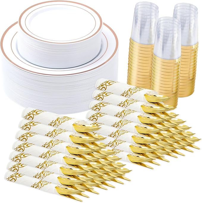 350 Pieces Rose Gold Disposable Plates for 50 Guests, Disposable Plastic Plates, Dinnerware Set of 50 Dinner Plates, 50 Salad Plates,50 Cups and 50 Paper Napkins for Party, Wedding, Celebration