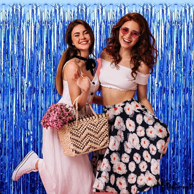 4 Pack Blue Fringe Curtain Backdrop, 3.2Ft x 8.2Ft Metallic Tinsel Foil Fringe Streamers Background for Photo Booth Birthday Wedding Baby Shower Carnival Easter Mother’s Day Party Decorations