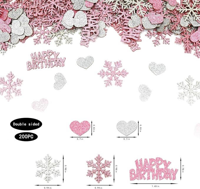 Pink Silver Snowflake Happy Birthday Confetti for Table – 200PC Glitter Snowflakes Table Confetti for Girl Winter Wonderland Birthday Party Decorations