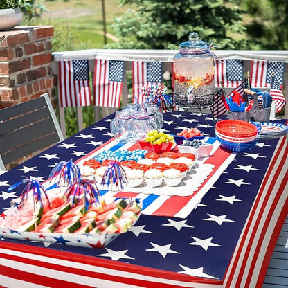 Oudain 2 Pcs Red White and Blue Star Stretch Table Cover 6 Feet Patriotic Spandex Table Clothes American Star Party Decorations for Independence Day Veterans Memorial Day Events Party Celebration