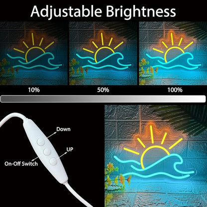 Sunrise Sunset Neon Sign, Dimmable Sun Sea Wave LED Neon Light for Wall Decor, USB Powered Ocean Surf Neon Signs, Acrylic Sun Sign for Bedroom Living Room Bar Cafe Game Room Birthday Party Christmas