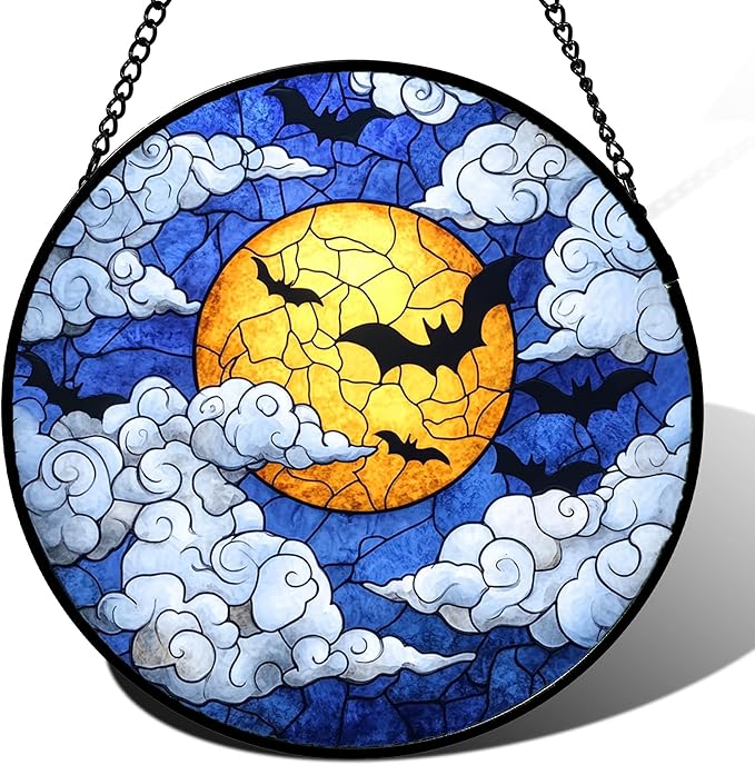 Stained Glass Window Hanging - Halloween Decorations Bats Moon Clouds Suncatcher for Doors Garden Indoor Spooky Funny Sun Catchers Gothic Decor Horror Gifts for Women Men Friend 7.8 in