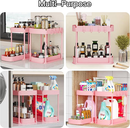 2 Pack Multi-Purpose Pull-Out Storage Organizers, Under Sink Organizers and Storage for Bathroom & Kitchen, Under Cabinet Organizers and storage, 14.8 Inch, Pink
