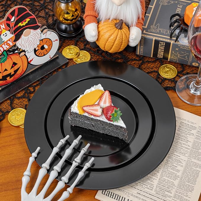 FLOWERCAT 200PCS Black Plastic Disposable Plates for Party - Black Plastic Plates - Serve for 100 Guests for New Year Parties and Birthday Events