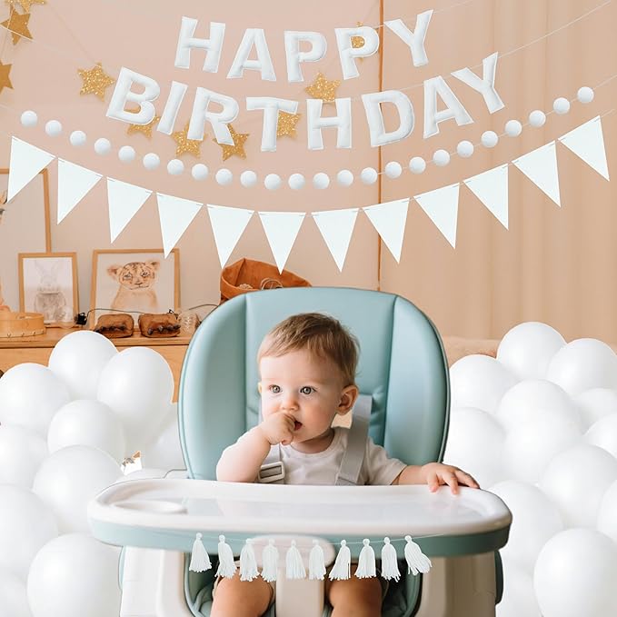 White Themed Birthday Decoration Set, White Pre-Strung 3D Felt Happy Birthday Banners, Pom-Pom Garland, Party Pennant Felt Banner Flags, Tassel Garland, Balloons, Reusable Party Decor,Photo Prop
