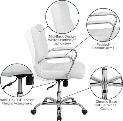 Flash Furniture Whitney Mid-Back Swivel LeatherSoft Desk Chair with Padded Seat and Armrests, Adjustable Height Padded Office Chair, White/Chrome