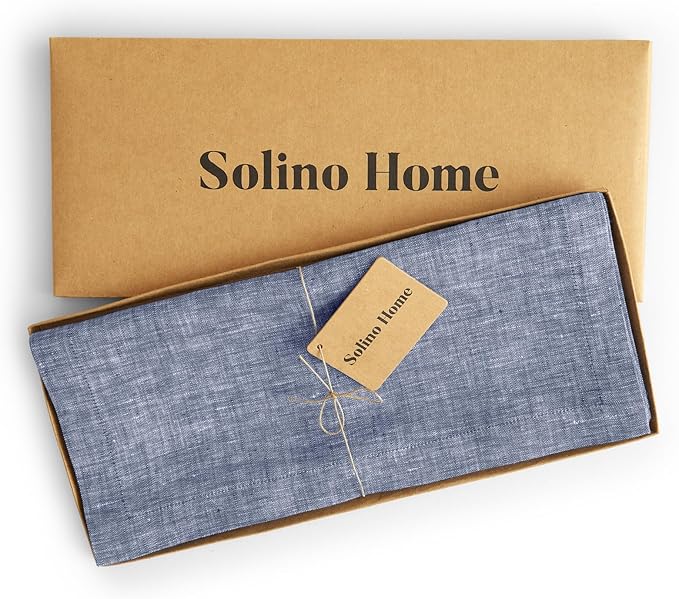 Solino Home Linen Table Runner 72 Inches Long - Athena, 100% Pure Linen Chambray Indigo Table Runner 14 x 72 Inch for Dining, Christmas, Holiday, Winter