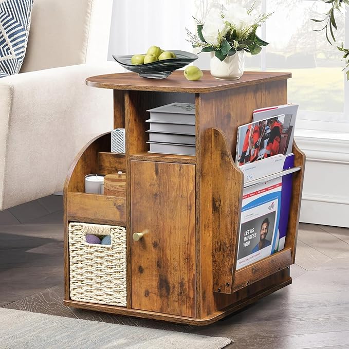 TooCust Rotating End Table with Storage, Swivel Side Table Living Room, Side Table with Magazine Holder, Basket and Cabinet, Sofa Side Farmhouse End Tables with Open Shelf (Rustic Brown)