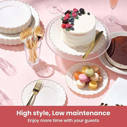 By Madee HEAVYWEIGHT 100 Pc Fancy Plastic Plates for Thanksgiving Dinner – Ivory Scalloped Plates with Rose Gold Trim 50 Dinner & 50 Dessert Disposable for Fall Party & Friendsgiving (50 Guests)