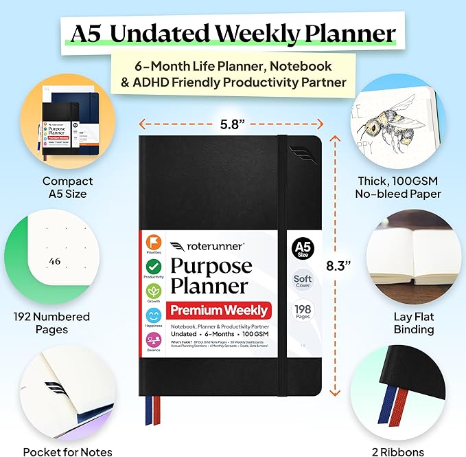 Roterunner Purpose Planner Notebook A5 5.8”x8.3” Undated 2026 Daily Weekly and Monthly Productivity Goal Setting Tool for Work Home ADHD Planner for Adults Self Care Journal (Black Softcover)