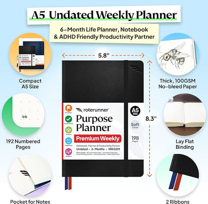 Roterunner Purpose Planner Notebook A5 5.8”x8.3” Undated 2026 Daily Weekly and Monthly Productivity Goal Setting Tool for Work Home ADHD Planner for Adults Self Care Journal (Black Softcover)