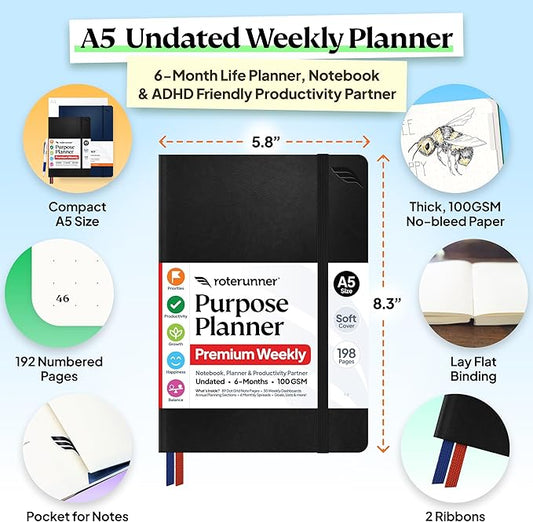 Roterunner Purpose Planner Notebook A5 5.8”x8.3” Undated 2026 Daily Weekly and Monthly Productivity Goal Setting Tool for Work Home ADHD Planner for Adults Self Care Journal (Black Softcover)