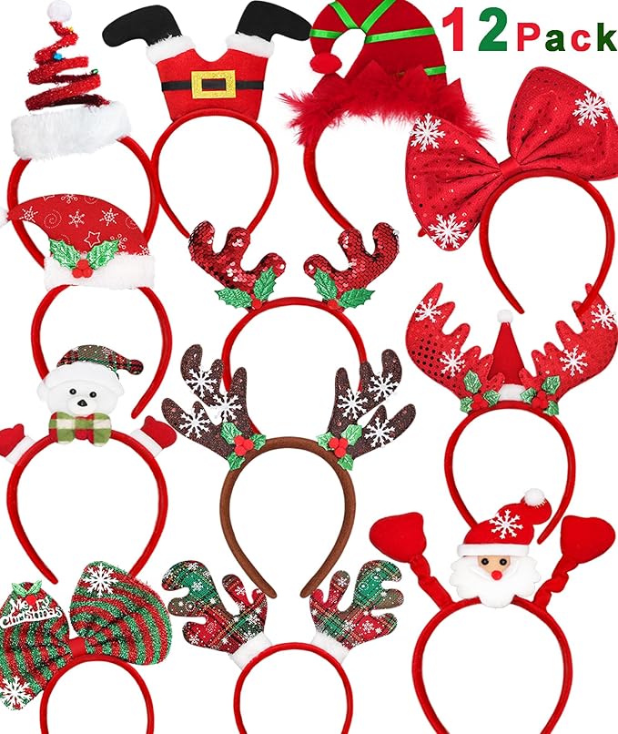 MNKXL 12PCS Christmas Headbands for Adults Bulk,Xmas Headwear Party Favors for Women,Santa Hat Headband