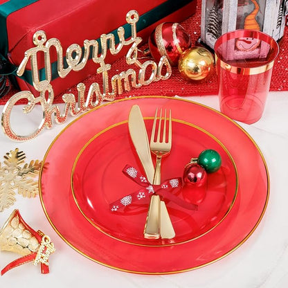 LIYH 180 Pcs Clear Red Plastic Plates Disposable - Red Dinnerware Set, Include Red and Gold Plates, Dinner Plate, Dessert Plate, Gold Plastic Silverware for Birthday Party