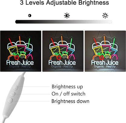 Fresh Juice Neon Sign, Neon Lights Hanging Wall Art Decoration for Juice Bar Shop Food Truck Market Bakeries Café Celebration Home Decor, USB Powered Ultra Bright Dimmable, 15.35×12.6inches