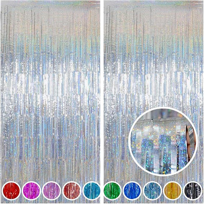 Melsan Foil Curtain, 2 Pack 3.2 ft x 8.2 ft Silver Tinsel Foil Fringe Curtains Backdrop, Sparkle Metallic Foil Curtains for Independence Disco Bachelorette Party Decorations, Silver Tinsel Backdrop