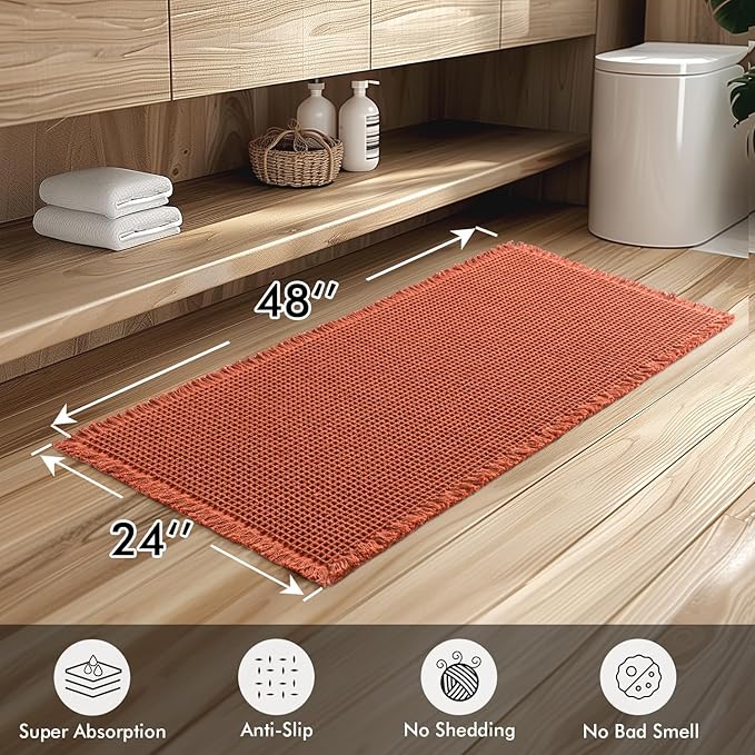 MIULEE Orange Set of 2 Waffle Bathroom Runner Rugs, Boho Bath Rug Non Slip Washable, Super Absorbent Runner Bath Mats, Rubber Backed Shower Mat for Hallway Bedroom Laundry Room, 2'x4'(24x48 Inch)