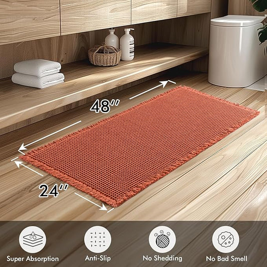 MIULEE Orange Set of 2 Waffle Bathroom Runner Rugs, Boho Bath Rug Non Slip Washable, Super Absorbent Runner Bath Mats, Rubber Backed Shower Mat for Hallway Bedroom Laundry Room, 2'x4'(24x48 Inch)