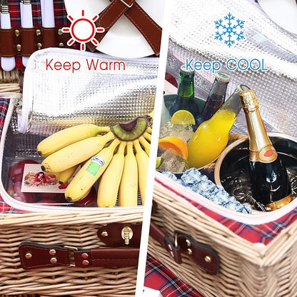 Wicker Picnic Basket for 4 with Waterproof Picnic Blanket and Insulated Cooler, Willow Hamper for Camping, Outdoors, Photoshoot, or a Birthday, Valentine’s Day, Wedding Gift