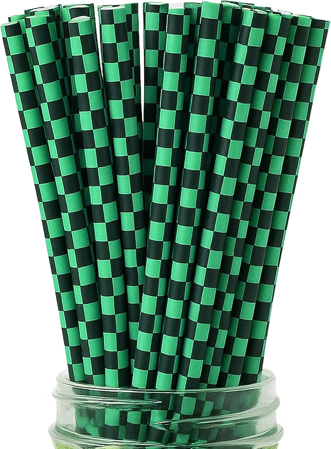 100 Black and Green Checkered Straws - Disposable Paper 7.75 Inch Straws for Demon Anime Themed Party - Party On Tap