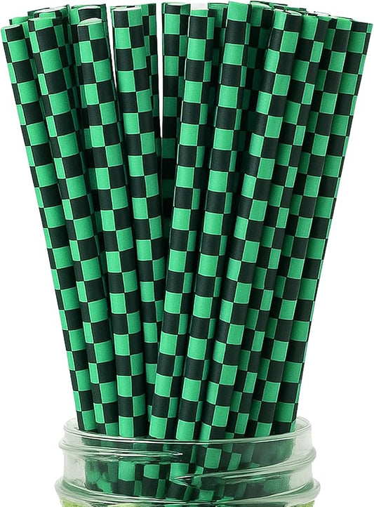 100 Black and Green Checkered Straws - Disposable Paper 7.75 Inch Straws for Demon Anime Themed Party - Party On Tap
