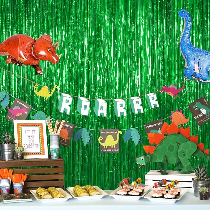 Thicken Green Streamers 4 Pack 3.2 x 8.2 FT, Tinsel Backdrop Curtains, Foil Fringe Photo Backdrop for Birthday, Dinosaur, Football, Jungle, Christmas, Golf Party Decorations