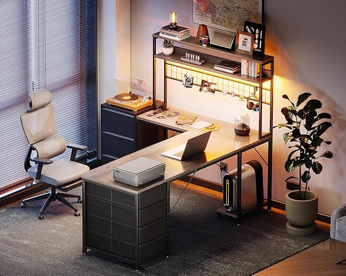 AODK L Shaped Desk Gaming Desk with LED Light & Power Outlet, 59 Inch Reversible L Shaped Computer Table with 4 Drawers for Home Office, Grey