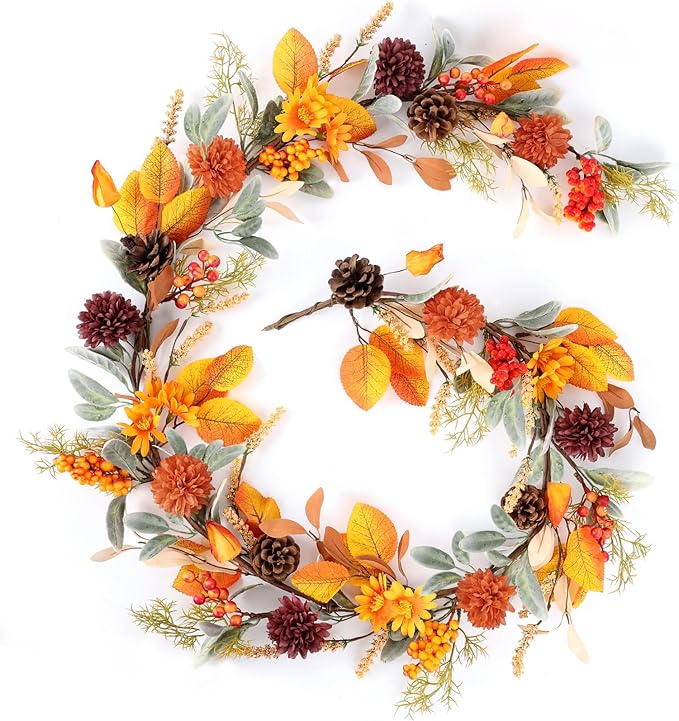 6 Feet Fall Garland for Mantle Autumn Garland with Lamb's Ear Leaves Pinecone Thanksgiving Harvest Decorations for Home Fireplace Farmhouse Porch Outdoor Indoor Table Centerpiece Wall Arch Backdrop