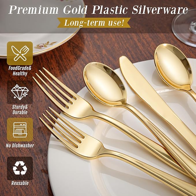 WDF 120 Pieces Gold Plastic Silverware - Disposable Flatware Set - Heavy Duty Thanksgiving Plastic Cutlery - Silverware Includes 40 Forks, 40 Spoons, 40 Knives