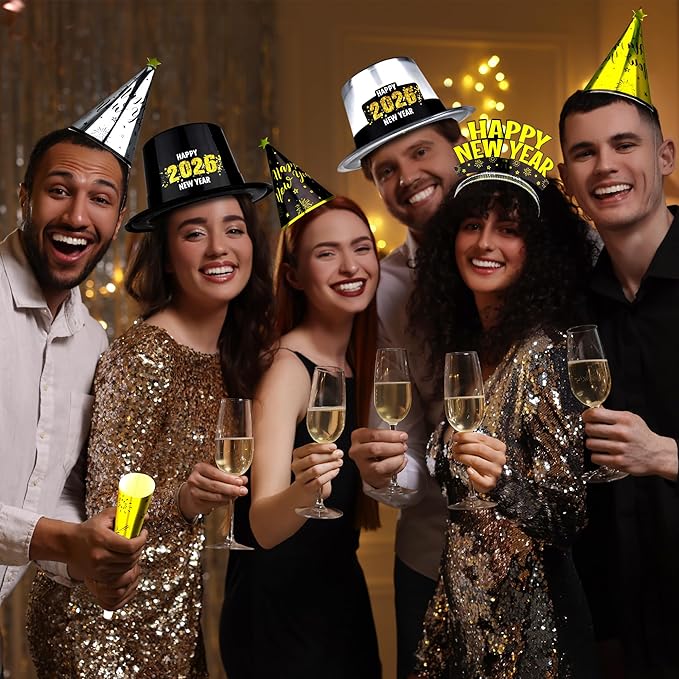 200PCS New Years Eve Party Favors, 100 Guests Happy New Year Hats, New Year Party Supplies Gold Silver Black, Foil NYE Noise Makers Cardboard Horns Cone Hats New Year Tiara New Years Gathering