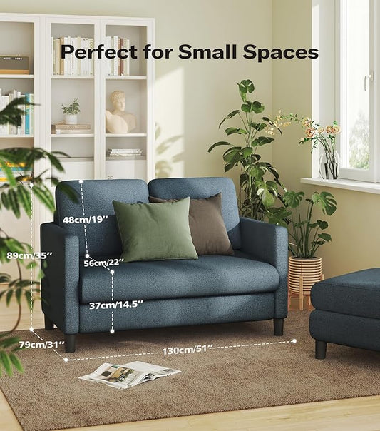 Loveseat Sofa, 51" Love Seat, Comfy Teddy Small Loveseat for Small Spaces, Tool-Free Setup Sofa Couch for Bedroom, All-Wood Couches for Living Room, No Pillow Included, Slate Blue