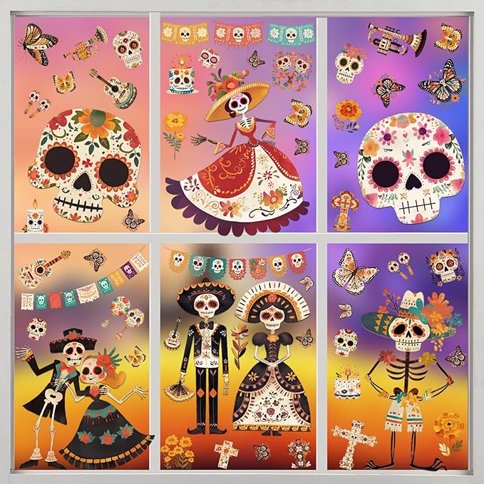 Dia de Los Muertos Decorations, Day of The Dead Window Clings, Halloween Window Stickers, Mexican Fiesta Party Decor, Sugar Skull Skeleton Musical Decals, 9 Sheets