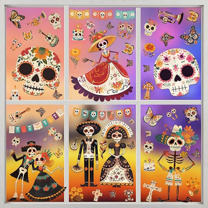 Dia de Los Muertos Decorations, Day of The Dead Window Clings, Halloween Window Stickers, Mexican Fiesta Party Decor, Sugar Skull Skeleton Musical Decals, 9 Sheets