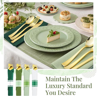 Lasnten 50 Pcs Pre Rolled Sage Green Plastic Silverware Sets for 50 Guest Disposable Plastic Cutlery Set with Napkins for Birthday Wedding Party Supplies