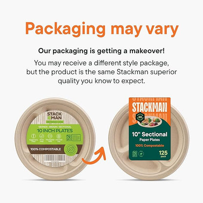 100% Compostable, 3 Compartment, Disposable Paper Plates [125-Pack] - {PFAS Free} - {BPA Certified} - [10 Inch] Heavy Duty Biodegradable Bagasse Sectional Lunch Trays + Dividers - Divided Platte Tray