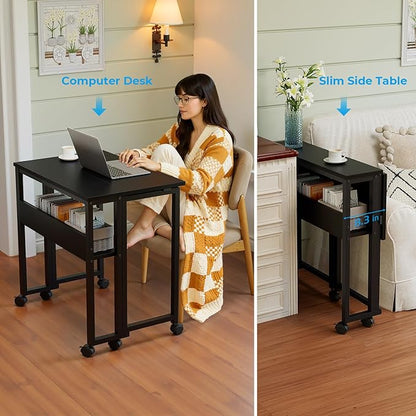 GreenForest Folding Desk Small Rolling Desk with Storage Shelf,31.5 inch Foldable Computer Desk with Wheels for Small Space, Easy Assembly,Black