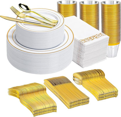 N9R 700PCS Gold Disposable Dinnerware Set for 100 Guests, White Plastic Plates with Gold Rim, Include 100 Dinner & Dessert Plates, Plastic Silverware Set, Cups, Napkins for Party and Wedding