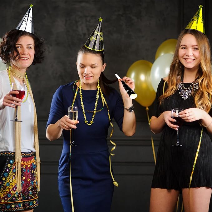 100PCS New Year's Party Supplies for 50 People - Headbands, Plastic Cardboard, 2026 Shiny Cone Hats, Horns, Fringed Blowouts - Gold, Silver, Black