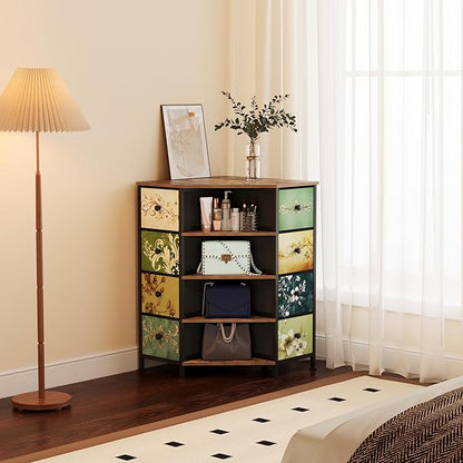 LUMTOK 8 Drawers Corner Dresser with Storage Fabric Drawers and Open Shelves for Small Space，Bedroom，Entryway，Living Room (Retro Pattern)