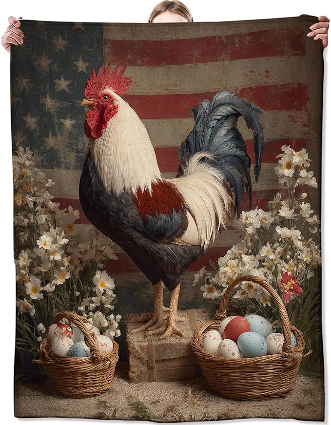 Patriotic Rooster Blanket,Vintage American Flag Easter Egg and Flower Blankts,Gifts for Patriots Farmhouse Lovers Nature Fans,Cabin Picnic Travel Decor,Soft Lightweight Flannel Throw,50"x60"