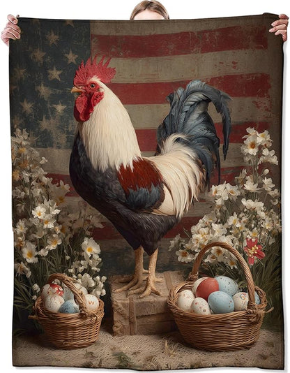 Patriotic Rooster Blanket,Vintage American Flag Easter Egg and Flower Blankts,Gifts for Patriots Farmhouse Lovers Nature Fans,Cabin Picnic Travel Decor,Soft Lightweight Flannel Throw,50"x60"