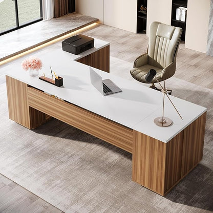 Tribesigns 85.8-Inch L-Shaped Executive Office Desk with File Drawers & Storage Cabinet, Professional Corner Computer Desk Extra Large Business Workstation with Adjustable Shelves (White&Walnut)